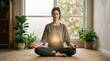 © Максим Новосветлов - Peaceful young woman meditating in lotus position on a rug at home with a glowing light from her abdomen.