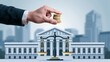 © Justlight - A suited hand holding stacked coins above a scale balanced against a classical civic building, city skyline behind, serious mood, cool morning light, centered composition with symbolic props.