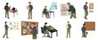 © Haimura - Professional man working on different office tasks vector illustration collection, featuring planning, research, and content creation.