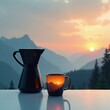 © Vadym - Black coffee maker and mug sit on white table against mountain sunrise. Warm light reflects on surfaces. Beverage preparation meets outdoor scenic beauty, perfect morning start.