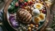 © Justlight - Overhead view of grilled chicken, eggs, quinoa, beans, and vibrant vegetables on a ceramic plate, kitchen table setting, fresh and wholesome mood, natural window light, balanced flat-lay composition.