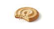 © LensPilot - A single delicious butter cookie with a bite taken out, featuring a distinct spiral swirl design on a clean white background, perfect for sweet treats.