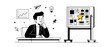 © Fernando - Business planning workflow board vector illustration of a thoughtful man sitting at a desk analyzing agile tasks, scrum notes, growth charts, and ideas for startup strategic management success plans.