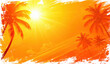 © kayden - Hot sunny days, summertime background with palm trees, white brush strokes, vector illustration, summer sun, tropical beach, season design, vacation vibes, sunny landscape