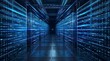 © DEKU! - Data server center room with AI cloud internet network, glowing rack systems and digital tech environment, futuristic computer background with flowing data connections and blue light
