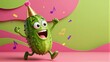 © joeycheung - Happy pickle in party hat dances joyfully amid colorful confetti and music notes.