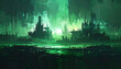 © DebiWulan - Futuristic neon green cityscape in digital pixel art style, gloomy atmosphere, cyberpunk aesthetic, glitch effect, dark techno environment