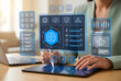 © jantavong - Businesswoman using AI platform interface with artificial intelligence brain, chatbot assistant, voice recognition, cloud security and data analytics dashboard for business automation