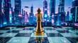 © StocksJust4You - Golden chess king standing on illuminated digital chessboard, on cityscape in background, strategic leadership, innovation, decision-making and business success concept