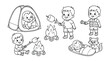 © Aralan - かわいい子供たちのキャンプとアウトドアアクティビティ、マシュマロを焼く男の子、テントで遊ぶ赤ちゃん、寝袋で眠る子供とアライグマのモノクロベクターイラストセット。