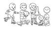 © Aralan - 子供の安全とスポーツ活動をテーマにした白黒の線画イラストセット。赤ちゃんから幼児まで、スケートボード、ローラースケート、交通安全標識で遊ぶ子供たちのベクターコレクション。