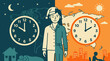 © Md Shagor - Jet lag illustration showing woman split between day and night with clocks world map and time zone differences for global business and remote work concept.