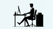 © Feri - Black silhouette illustration of a male professional sitting in an office chair at a desk using a desktop computer monitor with stationery and filing folders on a cabinet.