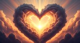 Heart shaped clouds with radiant sunburst celestial love and hope concept