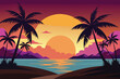 © SHAFAAT - beautiful sunset landscape vector design with palm trees, flying birds and hills