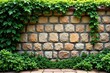© ทองขาร พอใจ - Weathered stone gabion wall with lush greenery and vines, garden features, outdoor construction, wilderness scenery