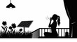 © Ladian - Black and white silhouette of woman practicing breathing exercises on balcony with solar panels, flowers, and lamp; concept of sustainable wellness and eco-friendly lifestyle.