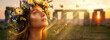 © Margarita Ratatosk - Woman wearing floral crown at ancient stone circle during Summer solstice. Litha celebration with magical butterflies and golden sunset glow. Banner with copy space