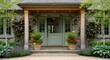 © Digitalogika Studio - A charming stone house entrance with a light green Dutch door, potted plants, and beautiful garden landscaping.
