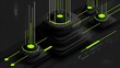 © kim jji - Dark futuristic 3D circuit board with glowing neon green vertical lines, abstract technological data transfer and cyberspace background
