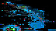 © The Stock King - Abstract digital glitch texture on a black background, with distorted neon blue, cyan, green, and purple scan lines, creating a futuristic cyber error effect.