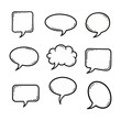 © Oki - A collection of nine hand-drawn black ink speech bubbles and thought clouds in various shapes including oval, square, and round isolated on a white background for communication.
