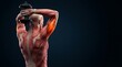© Abimusa Gallery - Detailed anatomical rendering of a person's back and arm muscles performing an overhead triceps extension with a dumbbell, highlighting the triceps.