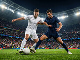 Two soccer players in action on professional stadium