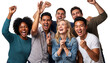 © Elena - Group of ecstatic multiethnic friends celebrating victory with raised hands on transparent background