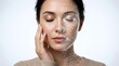 © Wool World - Close-up Portrait of Woman with 3D Wireframe Facial Scan on White Background
