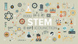 © Merah - A vibrant and detailed illustration representing the diverse fields of STEM education and innovation, featuring icons of science, technology, engineering, and mathematics.