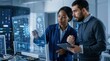 © Hao - Two scientists analyzing complex data on transparent screen in laboratory, female researcher pointing at neural network graph, male colleague holding tablet