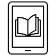 © Saniya - Electronic book reader device line icon illustration for digital storytelling and virtual library applications, clean minimalist vector icon for modern e-learning and academic software design.
