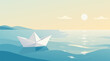 © MdSazudul - Paper Boat Floating on Gentle Ocean Waves Vector Illustration, Symbolic Origami Vessel for Childhood Dreams, Journey, and Peace, Flat Minimalist Design for Nautical and Creative Concepts.