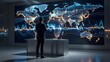© MdAbdullah - Entrepreneur viewing a luminous global map on a large office display, surrounded by financial charts and connection lines, conveying international business, analytics, markets, and strategy