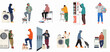 © Juan - Illustrations of young men in hoodies and sweatpants doing laundry, folding clothes, and waiting at a laundromat, depicting a modern daily routine.