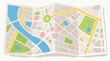 © Hamza - Folded city map paper blank template with street layout and navigation markers, flat vector illustration for global travel planning or geographic discovery, clean and professional design.