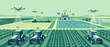 © Muhammad  - Flat vector illustration of a modern precision agriculture scene featuring GPS guided tractors and sensors in a vast field, showcasing high-tech farming technology and sustainable crop management.