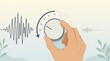© sughban - Conceptual flat vector illustration showing human hands turning down a volume dial to reduce noise, symbolizing peace, quiet, concentration, stress reduction, and sound control management.