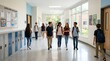 © DianIrma - Diverse Students Walking Modern School Hallway. Education, Youth Learning & Back to School Campus Scene.