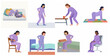 © cantik - Set of Women Characters Experiencing Back Pain in Various Daily Situations, Morning Stiffness, Ergonomics, and Correct Posture Concept Illustrations