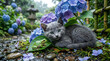 © 凛 ai - Surreal anime background style conceptual art of a cute grey kitten sheltering from summer rain under hydrangea flowers, watching a little green tree frog on a leaf.