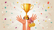 © MstUmratun - Person celebrating with trophy and colorful confetti background
