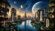 © Puja - Sci-fi alien planet city featuring bio skyscrapers with waterfalls under a cosmic night sky filled with ringed planets.