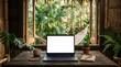 © kinomaster - Laptop with blank screen on a rustic wooden desk inside a tropical cabin. Concept remote work, digital nomad lifestyle, eco travel, freelance workspace, tropical retreat, productivity. Generative AI.