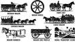 © Fajle - Horse drawn wagon silhouette collection with covered carriage farm cart cargo transport and rustic rural landscape scene vector illustration