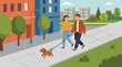© Gandi - Couple walking dog on city sidewalk.