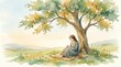 © AlfaSmart - Woman sitting under a big tree praying. Religious girl holding cross during meditation in nature. Spiritual worship and faith in divinity. Peaceful scene for christian religious concept.