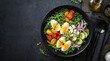 © MAHI - Healthy gourmet salad bowl with boiled eggs, cherry tomatoes, cucumber, and mixed greens on a dark slate background, top view