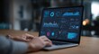 © MysticHaven - a person working on a laptop with a screen full of graphs and charts in a modern workspace with natu